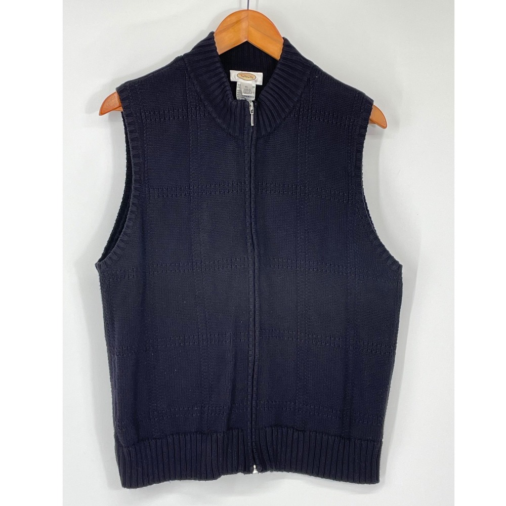 Talbots Womens Sweater Vest XL Full Zip Navy Blue Textured Knit Mock Neck